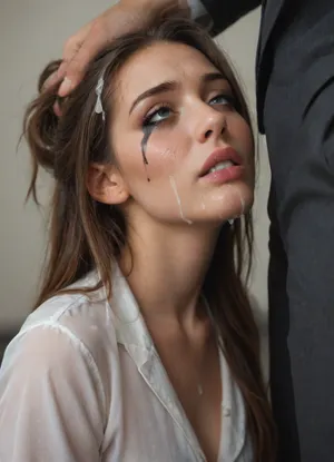 A long haired woman, (longhair 1.5), wearing business dress, being fucked, by a man in a suit he is pulling her hair, (smudged makeup 1.4), drooling, submissive, (crying 1.5), (cum on face 1.8), (cum on clothes 1.8), (cum on hair 1.2)