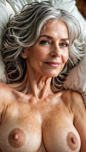 a curvy 69 year old english woman with tousled shaggy messy grey hair and green eyes and big breasts and pale skin and no makeup lying prone on bed, perfect eyes, topless, smiling, perfect nipples, side view, highly detailed, cleary see face, beautiful, delicate, pale skin, golden hour, digital painting, artstation, concept art, smooth, sharp focus, illustration, art by artgerm and Greg Rutkowski and alphonse mucha