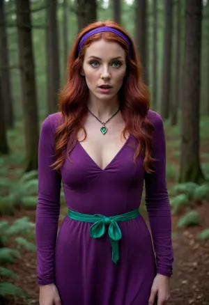 Woman, soft long wavy deep red hair, thin purple headband, surprised/curious expression, tight fitted short purple dress with long sleeves, bright green loosely tied ascot, hourglass figure, athletic build, dark forest, nighttime, spooky ambiance