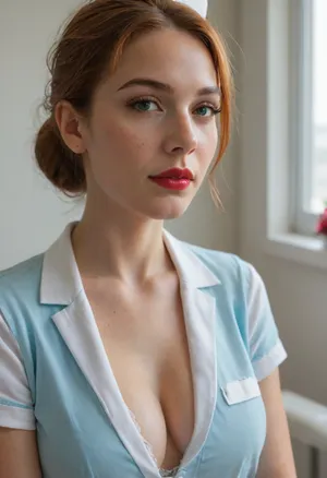 photorealistic, high resolution, professional photography, 1 girl, solo, (close-up:1.5), portrait, nurse in a hospital room, athletic body, mature, old, straight, short, open ginger hair, black eyeliner, red lipstick, green eyes, oval face, square head, small nose, freckles, nurse wears blue dress, nurse wears lace tights and stiletto heels, room is decorated with flowers