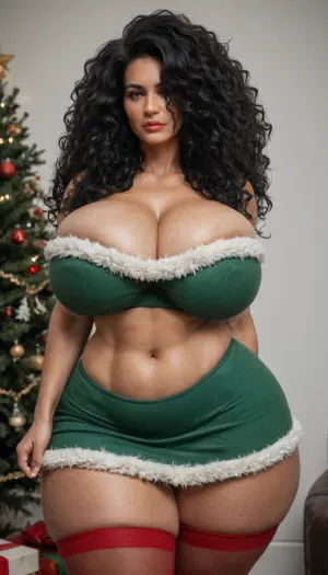 (milf:1.1), tribal black african woman, sara bellum cosplay, (milf:1), long black hair, (smooth long black hair:1.9), slutty woman, voluptuous, thick body, flat stomach, thin waist, (massive breasts:1), (wide_hips:1.5), square hips, hourglass body, (hyper gigantic ass:1.2), gorgeous face, no lipstick, realistic face, realistic detailed skin, posing, standing in a white room with a christmas tree, white background, red thigh high stockings, green tight christmas skirt, horny look on her face, front view