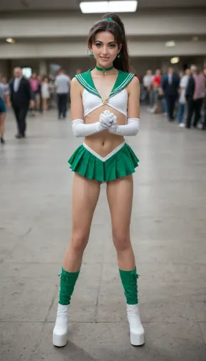 Highly detailed full-body photorealistic image of a beautiful French woman named Judith, in her early 30s, 5'8" tall, 165 pounds, medium-length dark brown hair tied in a high loose ponytail slightly parted to the side, soft feminine facial features with high cheekbones, full natural lips, large expressive hazel-green eyes with a knowing confident gaze, light subtle makeup, (thin eyeliner, natural lashes, soft blush), smooth fair skin with natural glow.

Extremely small, almost flat breasts, (petite chest:1.8), slender athletic mature build.

She is perfectly cosplaying as Sailor Jupiter from Sailor Moon, exact classic green fuku, white bodice with green sailor collar, large pink chest bow with green circular jewel, short pleated green skirt, green choker, long white elbow-length gloves with green cuffs, tall white platform high-heel boots, golden tiara with green jewel on forehead, rose earrings.

Exact pose, standing confidently, legs slightly apart, arms crossed firmly in front of her chest showing white gloves, warm friendly smile, looking directly at the camera.

Setting, indoors at a large bustling cosplay convention hall, blurred background showing other cosplayers in colorful costumes, convention banners, soft overhead convention lighting mixed with natural daylight from large windows with frosted grid pattern, concrete floor.

Professional cosplay photography, sharp details on subject, accurate fabric textures and colors, slight depth of field with background softly blurred, high resolution, realistic lighting and shadows.