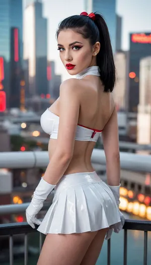 20 yo, bimbo slut, white latex nurse costume, black hair, high ponytail, tiny breast, flat chest, ((red lipstick)), transparent plastic micro bikini, white latex pleated micro skirt, gloves, cyberpunk city background