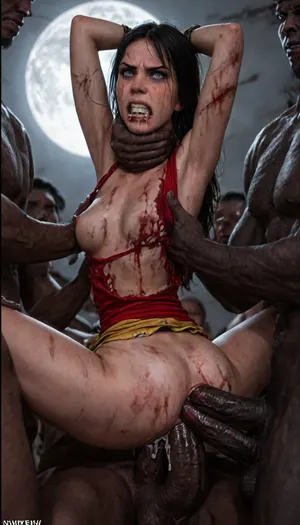 (vampirella:1.32), (Vampirella is a tall, pale woman with a mane of raven-black hair and green eyes. Her look is that of a skimpy, red sling bathing suit barely covering her nipples and genitalia, with a golden bat emblem over the crotch. She wears an upturned white collar at her neck, long, high-heeled black boots, and a golden bracelet on one arm), slender, glowing black eyes, long black hair, ghostly aura, large pointy breasts, (large pink nipples), (angry:2), (mascara tears), (wide eyes:1.2), ripped clothes, amazon, giant, fur barbarian armor, bloody, blood spatter, bear, bear heart, (in a bloody filed after a battle, white full moon in the sky:1.4), ((analrape spitroast)), ((large cock in mouth:1.12)), (cum explosion from mouth:1.125), shocked, deep anal penetration, (man is choking her from behind:1.2), cinematic_lighting, blush, ((gangbang_rape, doubleanal_rape, arms_behind_head, nsfw:1.4)), ((hogtied, bound with large chains, tied to a torture van:1.12)), (wide mouth spreader:1.24), (Torture, defiling, sadism:1.82), cock in mouth, (brutal face fuck), Blowjob, (tears in eyes:1.5), (running makeup), (cum drips from nose:1.3), ultra hd, photorealistic, hyper gigantic large black cock in mouth, (((hyper gigantic large black cock in mouth:1.12))), oral cream pie, hair grab, sad, sad crying, tongue out, gasping for air, gangbang, double anal penetration, anal spitroast, groupsex, deepthroat, (4 gigantic African black brute thug, huge trunklike arms, huge head, hyper muscular body, dressed in slave clothes:1.32), ((hogtied, bound for sex, tied up)), (eyes wide open in horror:1.72), (wide mouth spreader:1.8), (pleading expression:1.56), (terrified:1.48), (crying:1.48), (fear and panic:1.56), (hands pulling nipples hyper hard:1.12), nipple clamps, Uber realistic, 8k, 35mm photograph, film, professional, 4k, 1girl, 5 boys, hdr, photographic, ultra realistic, ultra high details, back light, gargantuan black cocks, anal sex expansion, large hyper muscular fat old men, (double anal sex), swollen white veiny cocks, (double anal penetration), hardcore double penetration, proper physics, big white cocks, muscular white double anal gangbang, (forceful penetrations), extremely graphic, magazine cover, Realism_Quality_2xx_By_Stable_Yogi, score_9, score_8_up, score_7_up, (((very pretty face:1.3))), (((extremely ultra detailed face:1.3))), (very low view angle, side view:11), (extreme size difference:1.12), 4k extremely graphic, high detail, porn photoshoot, (eyes wide open in horror:1.44), (wide mouth spreader:1.5), (terrified:1.44), (crying:1.85), UHD 8K, (full body photograph:1.1), (whip marks:1.44), (whipped tits:1.44), professional photograph shot on kodak, 35mm photo, sharp focus, high budget, cinemascope, 100 mm lens, 1/250 s, f/2.8, ISO 300, <lora:LCMTurboMix_Euler_A_fix:2>, <lora:JuggerCineXL2:2>, <lora:detailed_notrigger:2>, <lora:photorealistic_portrait_notrigger:2>