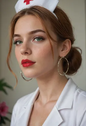 photorealistic, high resolution, professional photography, 1 girl, solo, (close-up:1.5), portrait, nurse in a hospital room, athletic body, mature, old, straight, short, open ginger hair, black eyeliner, red lipstick, green eyes, oval face, square head, small nose, freckles, hoop earrings, nurse wears dress, nurse wears lace tights and stiletto heels, room is decorated with flowers