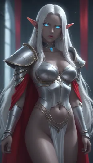 Setting, baldur's gate 3, fantasy world. A full-body realistic photo of Minthara, a female dark elf with, ((obsidian-black skin)), ((smooth skin texture)), and, ((silvery-white long hair with many sidelocks)), flowing over her shoulders. She has sharp, elegant elven features and, ((glowing pale lilac eyes)), radiating cruelty and seduction. Her lips are full and slightly parted in a confident, alluring expression.

She wears ornate, ((black and silver armor with crimson accents)), shaped to emphasize her curves, with an open neckline that subtly reveals skin. A black jewel choker rests at her throat. She holds a, ((rune-etched glaive glowing with ominous power)), .

Her pose is, ((confident, dominant, slightly provocative)), standing with one hip shifted. Background, dark fantasy war camp, flickering firelight, tattered banners, blurred goblin silhouettes. The mood is, ((darkly erotic)), ((elegant)), ((intimidating)), ., (red, eyes:1.3), minthara, baenre, white, hair, pointy, ears, colored, skin, elf, grey, purple, armor, shoulder, breastplate, shirtp5, panties, highleg