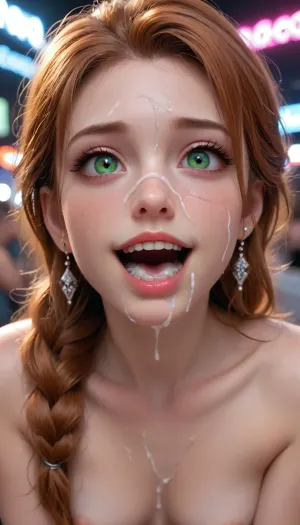 Nude ginger girl, x small face, skin, snakeeyes, elsa, extrem happy face, ahego, mouth open, wide open eyes, big green eyes, huge big smile, nightclub neon lights, pierced nipples, massive white cum facial, massive cum on face, tiny breasts, <lora:snake_eye:.8>