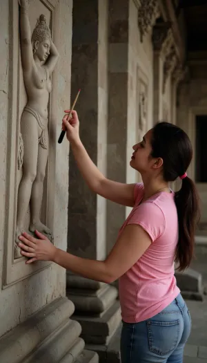 Photography
Cinematic photography {Cambodian woman, 35-year-old restorer, with a brush in her hand, restoring a stone panel, (with the Hindu four-armed deity Vishnu), in the Angkor Wat temple complex}. 35mm photography, film, bokeh, professional, 4k, high detail, cinematic format, shallow depth of field, film grain, high budget, epic, mood