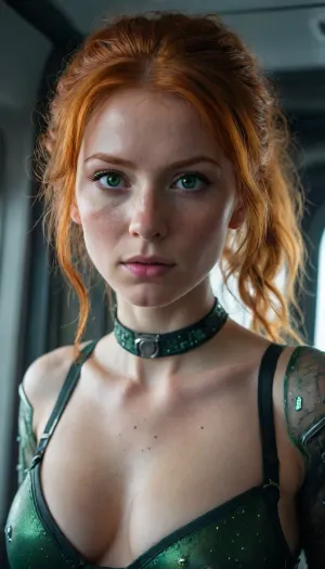 woman, female, 25 years old, long ginger hair, messy hairstyle, green eyes, freckles, uggly, extrem deep cleavage, eye contact, cyber punk, in space, dark starship, uggly window, stars, high detailed, close to face, portrait