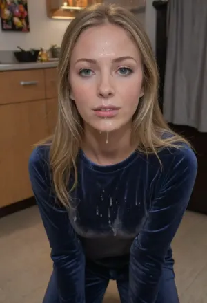 (photo taken while shopping in the supermarket), photo shows complete skinny body, view from the side, dynamic, realistic, perfect lighting, (best shadows), 8K, UHD, clear image, (best lighting), best quality, (very tall and very skinny finnish woman 25 years old:1.3), ((skinny with perky tits:1.2)), (((skinny, small, petite, height 175 cm, long thin legs, tiny ass, narrow waist, narrow hips:1.2))), (detailed green eyes, long wavy ash blonde hair, individual hair strands in face:.8), (very detailed face, beautiful face, light freckles), ((wearing a tight dark blue velvet sweatpant combined withplain grey satin undershirt:1.4), braless, boots, big earrings), (her face is covered with cum, cum on her chest, cum on clothes, cum threads drip from chin:1.5), facial, cum, on, face, breasts, stomach, covered, in, perfect, long thin legs, <lora:Facials:1>