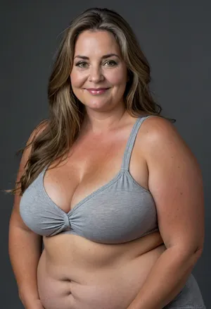 (White silver milf:1.4), (fat bbw:1.3), beautiful 60 year old woman stood in a, (photography studio:1.6), (perfect studio lighting), (obese:1.5), drooping, saggy, (smile:1.3), (upper body shot), (detailed skin:1.8), (long brown straight hair with gray highlights:1.3), (big light eyes:1.3), (detailed eyes), (medium breasts:1.2), (chubby face:1.3), wearing a lowcut v-neck white sleeveless T-shirt, braless, Wearing, clothes, that, make, sense, with, Braless>, green, eyes, blue, perfecteyes, <lora:style_lora_realis:.8>