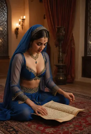 Scheherazade beautiful princess from tales from the Arabian Nights, 25 nyear old, reading a parchment with arabic calligraphy, in blue gown made of transparent veils, oriental bra, henna tattoo, resignation expression, she is in Baghdad, in Harem in an Arab palace, on Persian carpets and surrounded by cushions, (moonlight through window, nightly), great serenity and warm light, realistic photography, candles, perfect hands, perfect fingers, arabic, calligraphy, <lora:arab_architecture_by_styx:1.5>, <lora:arabic_calligraphy:1.5>, dark, skin, <lora:Darker_skin_SDXL:.8>, <lora:Omani_male:.8>