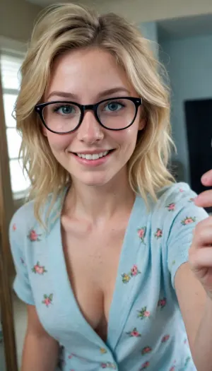 20 year old girl, babe face, blonde, freckles, large natural tits, smile, best quality, photorealism, masterpiece, ice blue eyes, messy hair, (pajama pants), glasses, topless, taking selfie in mirror