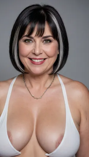 (fat:1.3), 60 year old mature woman, photography studio, perfect studio lighting, obese, drooping, saggy, (smile:1.3), (upper body shot), (detailed skin:1.8), (black bob cut straight hair with silver highlights:1.3), (big light eyes:1.3), (detailed eyes), (medium sagging fat breasts:1.2), wearing a white lowcut v-neck spaghett strap tank top