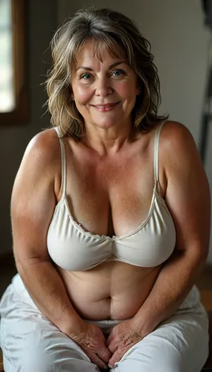Obese Fat Bbw 60 year old mature woman, seated, photography studio, perfect studio lighting, obese, drooping, saggy, long breasts, smiling, detailed skin, (short brown straight hair with gray highlights:1.3), big eyes, blue eyes, (detailed eyes, beautiful eyes, captivating light eyes), Sharp eyes, wearing a white lowcut v-neck spaghett strap tank top, <lora:style_lora_realis:.8>, <lora:MJ52:.3>, downblouse, nipslip, <lora:RealDownblouseXL2:.8>