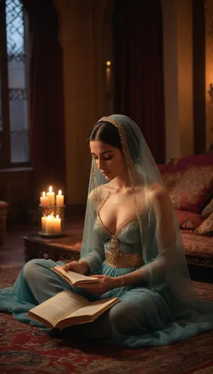 Scheherazade from Thousand and One Nights, reading a book in Arabic, wear an outfit made of transparent veils . She has a dreamy expression, showing her nipples. she is in Baghdad, in an Arab palace, on Persian carpets and surrounded by cushions. The atmosphere is magical, incense smoke wafts through the air, creating a great serenity and a warm light, candles and moonlight
