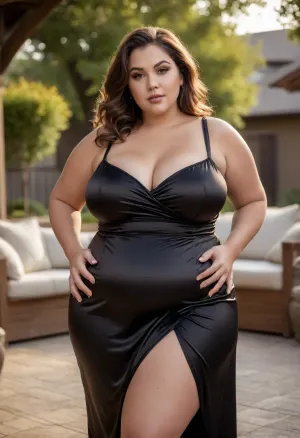photorealistic, 8k, ultra-detailed, raw photo, masterwork, (voluptuous figure:1.4), (obese woman:1.2), plus size, full body shot, outdoor portrait, full chest, sagging breasts, wide hips, thick thighs, short black sundress, spaghetti straps, satin dress, fabric tension, natural contour, soft light, golden hour, rim lighting, patio background, confident pose, (detailed skin texture:1.3), 85mm, f/1.4, cinematic lighting