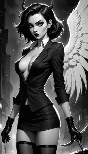 anime, (1girl), (a gorgeous 25 year old white succubus with, demonic wings on back, horns, tail:1.2), (in the style of Frank Miller's Sin City, high contrast shading:1.4), (black and white photography, desaturated color, monochrome, black and white:1.3), inside bar, (holding a glass of bourbon in one hand), (holding a revolver in her other hand:1.2), (intimidating pose), (unbuttoned shirt revealing breasts, unbuttoned black pinstripe blazer with pencil skirt and black stockings:1.2), (black tie), natural b cup breasts, perfect nipples, (nipslip:1.2), candid upskirt view, pussy, (succubus has long black hair bob haircut), (wide open orange eyes), black and white oxford shoes, (red lips:1.2), slim, athletic, gymnast body, Suspicious look, mysterious, <lora:Animated_Concept:1>
