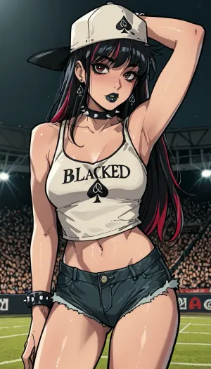 ((Melkor mancin meet markgavatino style)), (reiq style), cheering from the stadium-seating, in stadium seating, black hair with red highlights, long straight hair, ((fixing cap in the head, spades branded cap)), . Glamorous goth makeup, black lipstick, spiked choker, spiked bracelets, extremely sexy, cute and sexy outfits. Tiny jean shorts, oversized cropped blacked branded jersey. Sexy photoshoot.

freckles, (sexually bending over), slim sexy body, thin hips, medium breasts. tall and elegant, thin and slim, exaggerated hourglass curves, cute freckles, shy and sensual facial expression, all natural body, all natural breasts, all natural skin, natural face, naturally perky, naturally perky breasts, toned feminine sexiness, breasts are firm and squishy and are overflowing top, breasts stretching out top, ratatatat74, <lora:LCMTurboMix_Euler_A_fix:1.1>, <lora:EnvyBeautyXL02:1.1>, <lora:ratatatat74-000050:1.9>, <lora:mk_Bp Anime_xl:2>, <lora:1990s ShoujoManga Anime Style [XLlora]:1.8>