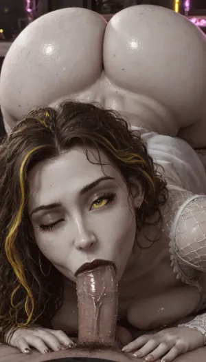 (tangled:1.3), (monochrome style:1.7), hottie, score_9, score_8_up, score_7_up, (close-up of her face:1.4), (1girl), solo focus, shaved head, (neon yellow:1.4), highlights, mouth open, smiling, (pointy breasts), (retrousse tits), (nipple piercings), (incredibly long lashes), (bimbo lips), (black lipstick), phat ass, (oiled glossy skin), legs bent, (glistening skin), (large breasts), (pierced nipples), (shiny tits), ((brown nipples)), gothic, goth, (open mouth), perfect lips, naked, white garter belt and white fishnet arm sleeves, perfect eyes, (laying prone on a bed with her face near the viewer:1.2), lying on her side, (raising her head:1.5), black walls, blue and purple neon lighting, (bright neon lighting), (close up:1.5), higress, (winking:2), (big ass:1.6), <lora:PerfectEyesXL:2>, <lora:ral-chrosc-bw:.91>, super sexy, (dim lights:1), (ass raised jack o pose:1), (4k hdr:1.2), (blowjob:1.6), penis, <lora:xpenis-1.5e:.8>, (8k hdr)