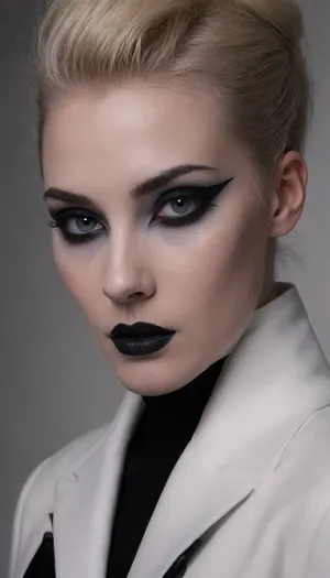 ziprealism, (avant-garde high fashion esthetic, unsettling, surreal:2), (focus on eyes, loose closeup, fragrance commercial, perfume marketing:1.6), (bleach blonde hair with dark roots, short hair, swept-back hairstyle, thin angular eyebrows, dark eyebrows), (f/2.8, shallow depth of field, subtle bokeh:1.2), (topless, natural breasts), Stable-Yogis-Makeup-Enhancer-XL, (zavy-slhtt, silhouette, monochrome, chromatic abberation:1.8), <lora:zavy-slhtt-sdxl:.8>