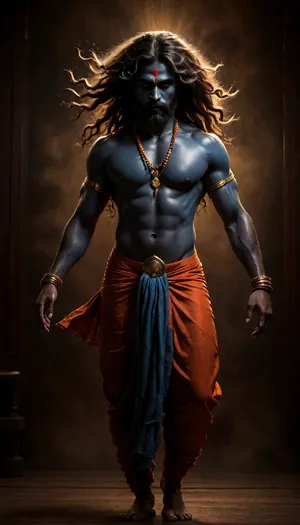 A mythic Indian deity in dynamic dance pose, depicted with vibrant grey-blue skin and a muscular physique. Wild flowing hair, intense glowing eyes, long beard adorned with wooden prayer beads. He wears an orange dhoti swirling dramatically with his movement. Background filled with swirling golden clouds and warm mystical light. Behind him, an ancient sacred yantra symbol in gold, glowing with divine energy. Style, traditional Indian mythological painting, rich textures, dramatic lighting, high contrast, epic spiritual atmosphere, sacred and powerful., <lora:AdvancedEnhancerXLv2:.8>, <lora:b8174d41-8ba7-4318-bc14-53ee7e353d91.TA_trained:2>, <lora:LCMTurboMix_Euler_A_fix:1.4>, <lora:Sweaty_Realism_4-000006:2>, <lora:dark:.5>
