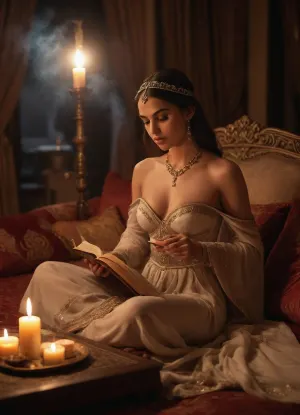 Arabian palace, arabian princess Shehérazade in luxury gown, reading a book to arabian prince sitting on cushion, sensuality, she is undressing, showing her nipples, warm lightning, candles, smoke of incense, realistic, nightly, sensual atmosphere