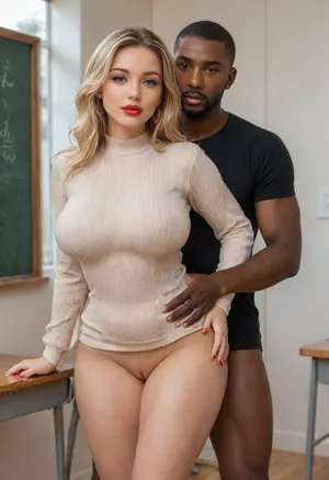 (Photorealistic masterpiece, best quality), (((interracial couple sex))), ., 1woman, fully clothed, (beautiful:1.8), sexy 40yo, blonde, French, (curvy:1.7), ultra-wide hips, thick thighs, big bubble butt, shaved legs, soft skin, detailed asymmetrical face, bright blue eyes, long natural eyelashes, no skin blemishes, sexy big glasses, perfect heavy makeup, red lipstick, perfect covered breasts, (natural, medium, soft, teardrop breasts hidden inside clothing), protruding nipples, perfect detailed hands, red nails, (diamond sparkling ring), perfect pussy, wearing a short sweater-dress. Standing, sexy fucking, S-Curve modelling position, one leg slightly raised, leaning forward slightly, looking at the viewer to tease, hands resting on her own hips, standing doggystyle sex, (fucked from behind), by 1man, Black African, perfect detailed eyes, brown eyes, tall, muscular, standing behind her, male model face, attractive, modern male hairstyle, detailed masculine hands, his hands are groping her thighs. classroom doorway setting, soft natural lighting, bright windows in classroom, natural dynamic reflections, captured with award-winning camera, UHD, hyperdetailed, photo realistic, hyper realism, key visual, intricate detail, highly detailed, vibrant, exciting, lots of shadows, romantic, masterpiece, aesthetic, knitted, sweater, dress, tight, <lora:Detailed_female_hands-000001:.8>, <lora:WildcardX-XL-Detail-Enhancer:1.5>, <lora:aesthetic:1.5>, <lora:attractive_notrigger:1.5>, <lora:BT_Knitted_Sweater_Dress_XL:.8>