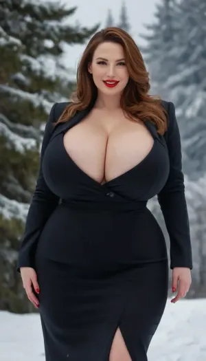 RAW photo of a 30 year old glamour smiling woman, very pale skin, red lipstick, perfect teeth, beautiful face, curvy body, (gigantic breasts, wide hips, thick thighs), (((fully clothed business lady))), snow background, masterpiece, best quality, high resolution, 8k uhd, high quality, extremely detailed, ultra high res, <lora:Venus_Body_Alpha:.8>, <lora:milkers_v2:.5>