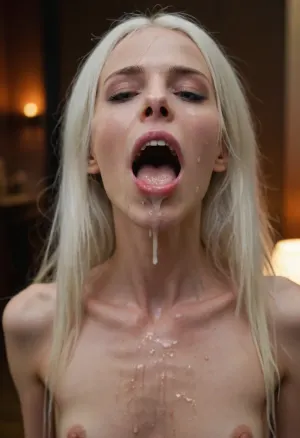 1woman, huge cock, (deep throat), pulling her head rough, sexy, (very skinny), long straight messy and dirty white hair, pale skin, (tall and skinny), masterpiece, 4k, (real life quality photo), a lot of cum, thick semen, ((cum on face)), ((cum dripping)), (cumshot), (very scared eyes, eyes wide opened, terror look), <lora:JustCum:1>
