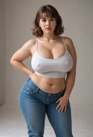 (((best quality))), (((high rating))), masterpiece, (UHD, HDR), smooth_texture, dynamic lighting, shadow_shading, Ray_Tracing, vivid_color, beautiful_and_brightness_color, lighting_color, extremely_vivid_detailed, intricate_detail, sophisticated_detail, exquisite_detail, stunning_detail, anime, anime_90s, absurd_res, ultra_high_res, high_res, absurdly_resolution, detailed face, good_anatomy, correctly_anatomy_human, anatomically_correct detailed, Highly_detailed_lineart, Highly_detailed_background, Highly_detailed_face, Highly_detailed_lighting, c.cu, (artist), pixiveo, miramiraclerun, blushyspicy, icecake, 1woman, bimbo, (huge_breasts:1.3), (wide hips, thick thighs, huge_round_ass), (big_lips), standing, flirty, bent_over, sexy_pose, sexually_suggestive, brown hair, bangs, high_waist_pants, jeans, white crop_top, piercings, (morbidly_obese ssbbw:1.2), (from_front:2), brown eyes, <lora:Chubby BBW - XL:.7>