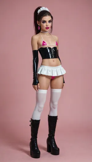 Gwen Tennyson from Ben 10, ((very skinny and tall)), 40 yo, bimbo slut, black latex corset, black hair, high ponytail with bangs, ((very big plump lips)), tiny breast, flat chest, heavy bimbo makeup, ((modern makeup, glossy magenta lipstick)), transparent plastic micro bikini, white latex pleated micro skirt, white latex ears headdress, gloves, pink background, boots