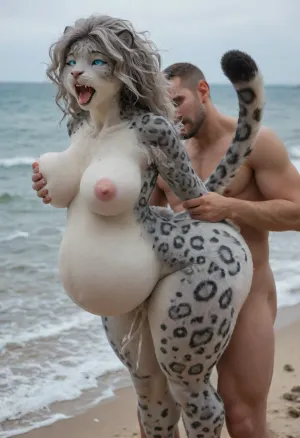 ((anthro female, snow leopard, finger claws, furry body, gray hair, long straight hair, large hips, huge ass, massive thighs, medium breasts, tiny waist)), anthrofied, beach, (wide hips:1.48), ((orgasm face, cum, inflation, carry sex, bent over, male love, faceless human male, huge belly bulge, breast expansion, side view, male holding waist)), looking at viewer, <lora:add-detail-xl:1.5>