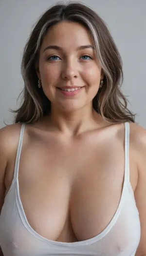 (White silver milf:1.4), (fat bbw:1.3), 60 year old mature woman, (photography studio:1.6), (perfect studio lighting), (obese:1.5), drooping, saggy, (smile:1.3), (upper body shot), (detailed skin:1.8), (brunette straight hair with gray highlights:1.3), (big light blue eyes:1.3), (detailed eyes), (small sagging fat breasts:1.2), (chubby face), wearing a lowcut v-neck sleeveless T-shirt