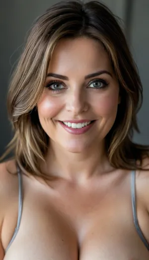 40 year old mature woman, photography studio, perfect studio lighting, obese, drooping, saggy, (smile:1.3), upper body shot, detailed skin, (brunette straight hair with silver streaks:1.3), (big eyes:1.2), (detailed eyes), beautiful eyes, captivating blue eyes, Sharp eyes, (medium sagging fat breasts:1.2), wearing a white lowcut v-neck spaghett strap tank top, <lora:style_lora_realis:.8>