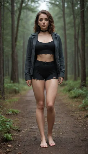 russian 20yo woman, in ripped pijama barefoot, stainless electro choker, full shot, in the winter forest