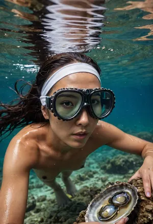 Ama-san, a traditional Japanese freediver, nude only with antique wooden goggles and a white headband, harvests pearl oysters on the seabed off Ise-Shima, Japan. In the depths, sunlight filters through the turquoise water, creating bubbles. Her long black hair is visible. Ultra-realistic, National Geographic style, 8k.