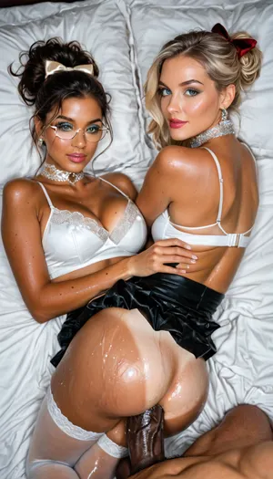 (elegant glamur porno model:1.5), UHD 8K, extreme realism, maximum detail, (age 18), European, (Slav:1.5), (sweede:1.5), (man and woman:1.5), (2 girls), (face detail 10 out of 10), photorealistic, hdri, realistic, super real, hyper realistic, ultra realistic, ((perfect eyes)), full view, ((Ultimate realistic photo details)), (((dynamic sexy pose))), (((midnight at skycraper))), detailxl, raw, lighting, overexposed, harsh, flash, Face shape Oval with a clear chin line smooth cheekbones, Hair Light ash, Hair almost platinum blond, The parting is slightly shifted to the left, the hair is styled back and partially covers the ear. The shine of the hair emphasizes its health and well-groomed appearance, The skin texture is even and smooth, indicating careful care. The face is matte, a light natural blush is noticeable on the cheeks and bridge of the nose, which gives the appearance freshness, No visible defects, pores or peeling, Eyebrows Clearly defined, medium width, slightly darker than the hair, which gives the face contrast and expressiveness, Eyes Blue, light, with an even iris and a bright look, The eyelids have light makeup, light beige shadows on the movable eyelid, soft shading of gray-brown shadows in the crease, an emphasized and open look. The eyelashes are long, neatly painted with mascara, black, emphasizing the almond shape of the eyes. The look is slightly squinted, expressing slight surprise or thoughtfulness, Nose Neat, straight, with a smooth bridge and a slightly pointed tip, The wings of the nose are small, symmetrical, Lips Full, with a well-developed contour and natural texture, The color of the lips is muted pink, possibly with a light tone of moisturizing balm or transparent gloss, The upper lip is slightly thinner than the lower, (tanned), skin, (tan lines:1.5), jewelry, (brilliant neck choker), transparent pink panties slightly slid to the side, excited, tattoos, wet, (wide hips:1.5), (pumped up buttocks), firm buttocks, (juicy ass:1), fitness butt, ankle bracelets, classic heeled shoes, tights and stockings, modern black tattoos, wet clothes, tiny waist, seductive facial expression, erect nipple, breast size 2, perfect breasts, perfect legs, realistic anus, more definition in the legs, (fatty thighs:1), mini skirt, proportional body, red frame glasses, (hair bows:1), thick frame glasses, black frame glasses, (very wide hips:1.5), stockings with garters, (the legs are drawn correctly:1), tattoo on hips, the shins are in the correct direction in relation to the legs and body, (perfect boobs under wet white tone top:1.5), lace lingerie, beautiful setting by the pool, hand on pussy, (lies on the bed:1.5), (legs wide apart:1.1), (fucked missionary:1.3), (one leg raised), (anal sex:1.5), (black dick), (huge cock deep in ass:1.8), cum in ass, hands on thighs, (side view), zoom out, <lora:SDXLHighDetail_v6-000005:2>, <lora:BUT_SDXL_SHS:2>, <lora:style_lora_realis:2>, <lora:detailer-xl:2>, <lora:attractive_notrigger:2>