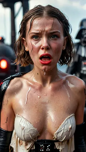 (Millie Bobby Brown from Stranger things), (angry mad), (huge massive Darth Vader dick:1.24), (Darth Vader super white skin), (huge veiny wet dick:1), (((extreme painful creamy deepthroat:1))), ((cum)), (Star Wars starship background), extremely graphic, high detail, hyperrealistic, 8K, BadX, porn photoshoot, detailed skin, (on the roof, steam locomotive, steampunk), blushing, DETAILED background, spectacular lighting, (eyes wide open in horror:1.24), (wide mouth spreader:1.5), (pleading expression:1.18), (terrified:1.12), (crying:1.65), UHD 8K, (full body photograph:1.1), (creamy deep deepthroat:1.12), (extreme oral sex:1.4), (huge massive white dick:1.4), (cum), (hands pulling hair hard), professional photograph shot on kodak, 35mm photo, sharp focus, high budget, cinemascope, 100 mm lens, 1/250 s, f/2.8, ISO 300, (detail Millie Bobby Brown:1.32), milliebb101, <lora:Millie_Bobby_Brown_SDXL_101:2>, <lora:LCMTurboMix_Euler_A_fix:2>, <lora:CinematicStyle_v1:2>, <lora:MJ52:2>, <lora:zavy-brbrn-sdxl:2>