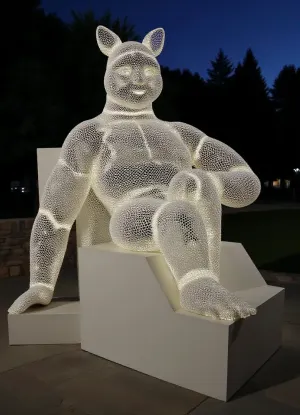 Фотореалистичная, реалистичная, (изысканная обнаженная француженка с распущенными волосами, красивыми карими глазами, слегка раскосыми, обнаженная, в массивных золотых сандалиях на платформе, (четкий крупный план), позирующая для камеры, где находится огромное количество роскошных яхт. Девушка смотрит на зрителя, идущего навстречу, (огромная скульптура под названием Nomade, (2010), — 8-метровая статуя сидящего мужчины, смотрящего на море), ((обняв колени руками)), (это похоже на мираж — скульптура сделана из тысяч белых металлических букв и освещается ночью), представляя собой великолепное зрелище. Статуя установлена на террасе перед верфью), рассвет, боке, рассветный час, сияние металлических частиц статуи, ультрареалистичное, высокодетализированное, реалистичное, кинематографическое освещение, 8K