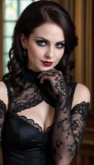 gothic woman age 25, ornate long lace elbow gloves, revealing black dress, heavy make up, cleavge, wicked naughty smile, come here I wont bite... much, sensual, tactile, she just wants to touch, wickedly seductive