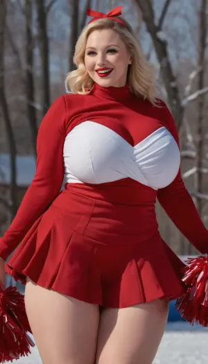 RAW photo of a 30 year old glamour smiling woman, very pale skin, red lipstick, perfect teeth, beautiful face, curvy body, (gigantic breasts, wide hips, thick thighs), (((fully clothed cheerleader))), snow background, masterpiece, best quality, high resolution, 8k uhd, high quality, extremely detailed, ultra high res, <lora:Venus_Body_Alpha:.8>, <lora:milkers_v2:.5>