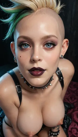 (gothpunk:1.6), , (close-up of her face:1.2), solo focus, (black spiked hair), (face skull tattoo:1.4), (albino skin:1.4), (shaved head), neon green highlights, smiling, piercings, nose ring, eyebrow ring, (black lipstick), spike bracelets, (straps), emo, (perfect mouth), (perfect lips), (black walls), (bright neon spotlights), (close up:1), (reiq:1.2), (from above:.4), (reaching forward:.5), sitting, knees raised up, busty