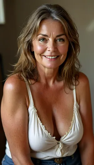 Fat Bbw 60 year old mature woman, photography studio, perfect studio lighting, obese, drooping, saggy, smiling, cowboy shot, detailed skin, (brunette straight hair with highlights:1.3), big eyes, green eyes, (detailed eyes, beautiful eyes, captivating light eyes), Sharp eyes, wearing a white lowcut v-neck spaghett strap tank top, <lora:style_lora_realis:.8>, <lora:MJ52:.3>, downblouse, nipslip, <lora:RealDownblouseXL2:.8>