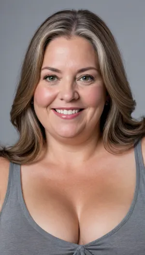 (White silver milf:1.4), (fat bbw:1.3), 60 year old mature woman, (photography studio:1.6), (perfect studio lighting), (obese:1.5), drooping, saggy, (smile:1.3), (upper body shot), (detailed skin:1.8), (brown straight hair with gray highlights:1.3), (big light eyes:1.3), (detailed eyes), (small sagging fat breasts:1.2), (chubby face), wearing a lowcut v-neck sleeveless T-shirt