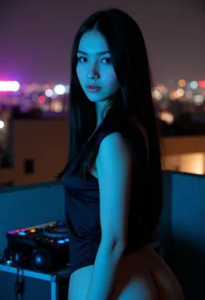 Ultra realistic night-time rooftop scene in a big city, shot with a fast 50mm lens. A stunning young adult woman is the main subject, standing near the edge of the rooftop, half-turned toward the camera. She has very long jet-black hair, crystal blue eyes, and extremely pale porcelain skin, creating a strong contrast with the dark environment. She wears a minimalist black outfit with subtle glossy fabric that catches the light, and thin silver jewelry. Around her, there is compact DJ and audio gear, a small mixing console with glowing LED meters, a pair of studio headphones resting on a speaker, a few coiled cables reflecting the light. The city in the background is blurred into dark shapes and distant neon signs, soft bokeh in deep blues, purples, and magentas. deep blacks, rich shadows, selective pools of colored light. The main light is a soft cyan LED panel from the side, outlining her hair and cheekbones, with a secondary magenta rim light from behind adding a subtle halo around her silhouette. Her crystal blue eyes catch a tiny reflection of the LEDs, making them appear almost luminescent against her pale skin. Highly cinematic, realistic photography style, detailed skin texture, realistic fabric and hair strands. Shallow depth of field, background city lights as soft, musical bokeh. Atmosphere, dark, elegant, musical, slightly melancholic but powerful, as if she were the mysterious DJ of the night. dark tones, neon highlights, and dramatic contrast. aidmafluxpro1.1, maxdark, <lora:3857fbdf-26e4-48c3-b271-e77c0db7fcab.TA_trained (1):1>, <lora:Perfect_eyes_gaze_look:.8>