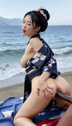 A Japanese geisha wearing A Luxurious Yukata and Oshun hairstyle with beautiful breasts helped a strong African black man with a big black dick anal sex，Doggy style, by the sea，ejaculation，Large and black areola，Swollen nipple, lipstick, Cosmetic，Black anus，Vaginal fluid jet, <lora:japanese_girl_v1.1:.8>