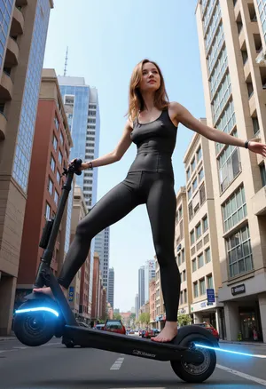 Photorealistic, realistic, {futurism, world of the future, futuristic unusual, buildings, beautiful woman, (flying on an anti-gravity, fantastic, space scooter), high above fantasy, streets of a futuristic city}, highly detailed, ultra-realistic, cinematic lighting, 8K