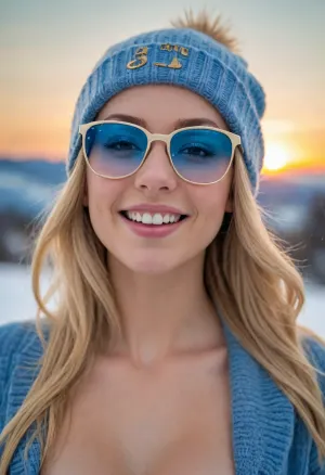 Woman, (topless), hard nipples, Long blonde hair, wool cap, posing, smiling, Snowing, sunset, 3/4 View, (photorealistic, highly detailed, best quality, masterpiece, high definition), (big thin rectangle blue glasses with gold lens)