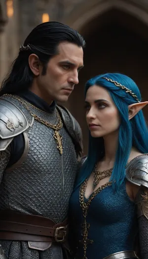 medioeval setting, king with black hair and elf queen with blue hair in chain mail armor
